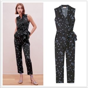 Rebecca Taylor Tailored Black & blue Leandra Fleur floral jumpsuit Size 16 silk.